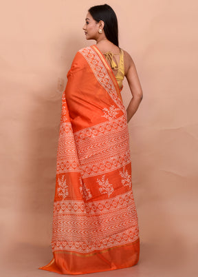 Orange Chanderi Cotton Saree With Blouse Piece