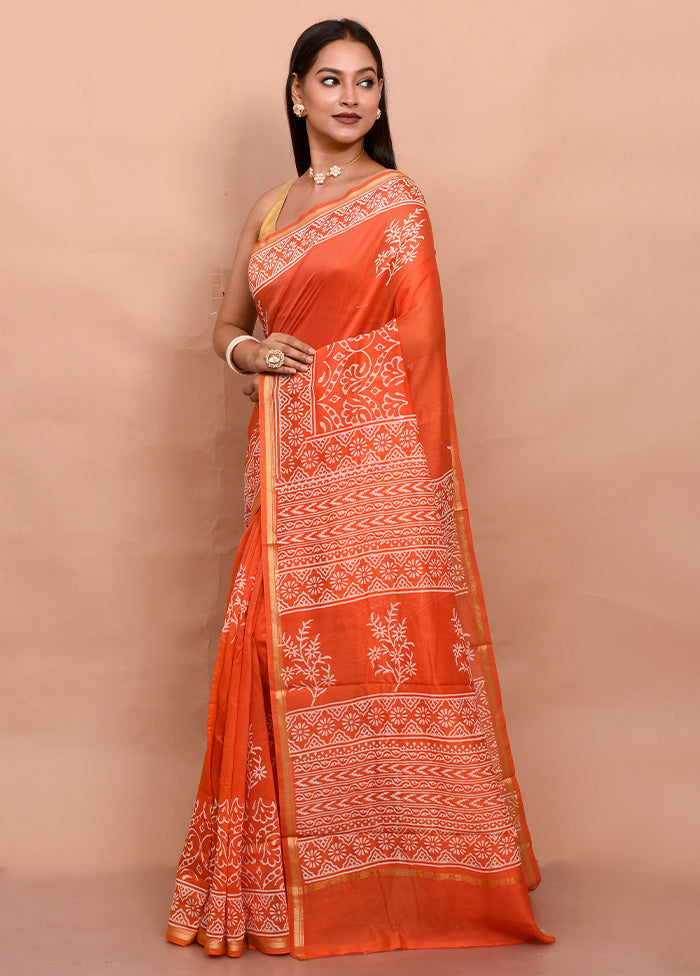 Orange Chanderi Cotton Saree With Blouse Piece - Indian Silk House Agencies