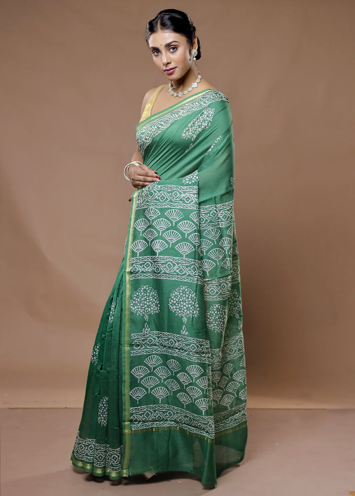 Green Chanderi Cotton Saree With Blouse Piece