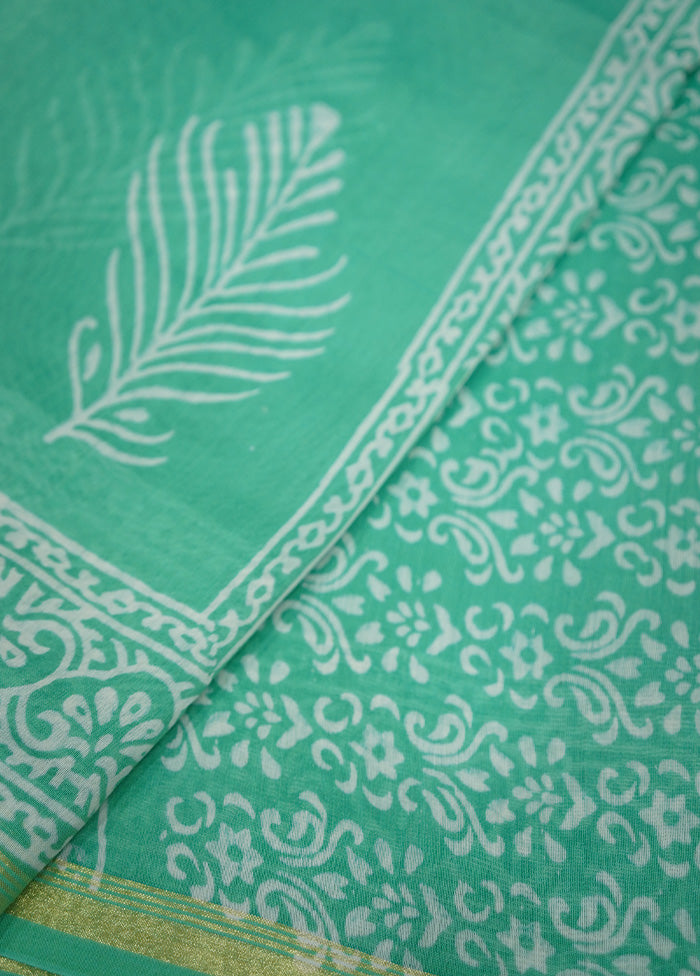 Green Chanderi Cotton Saree With Blouse Piece - Indian Silk House Agencies