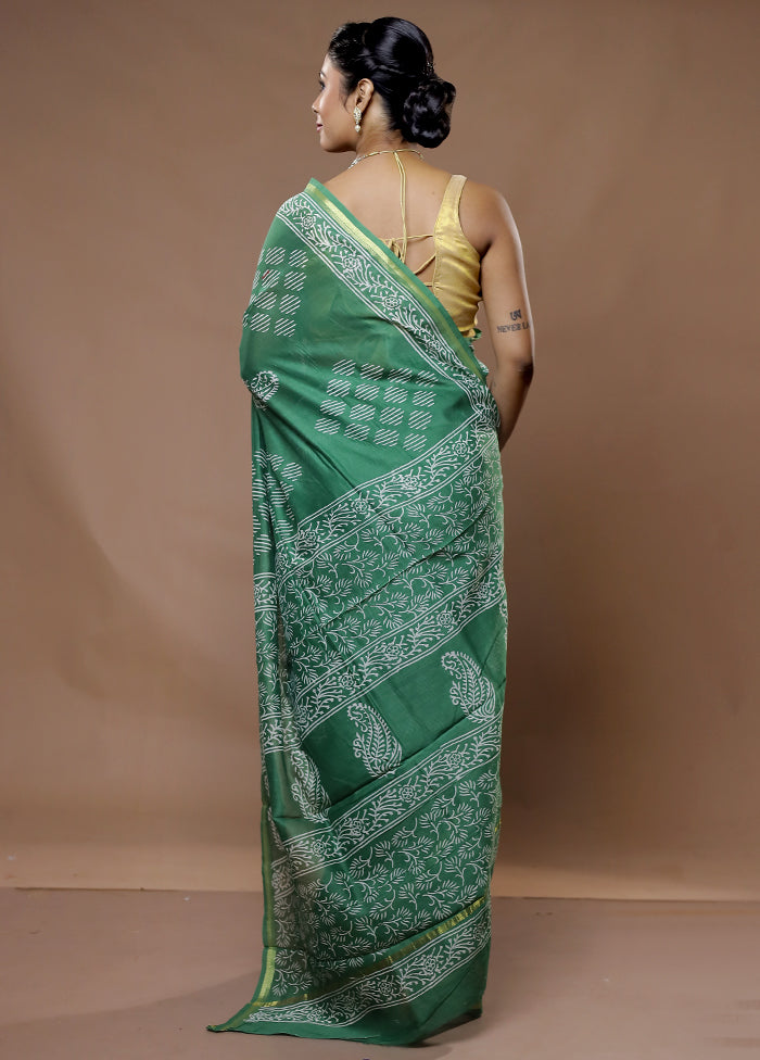 Green Chanderi Cotton Saree With Blouse Piece - Indian Silk House Agencies