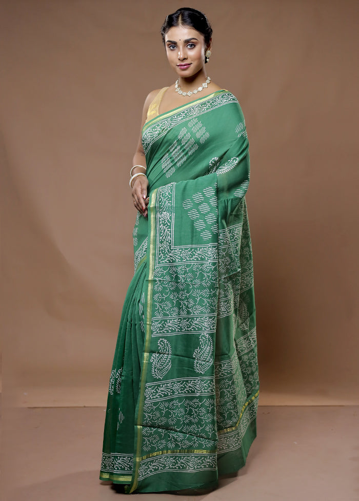 Green Chanderi Cotton Saree With Blouse Piece