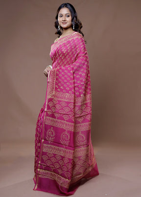 Pink Chanderi Cotton Saree With Blouse Piece - Indian Silk House Agencies