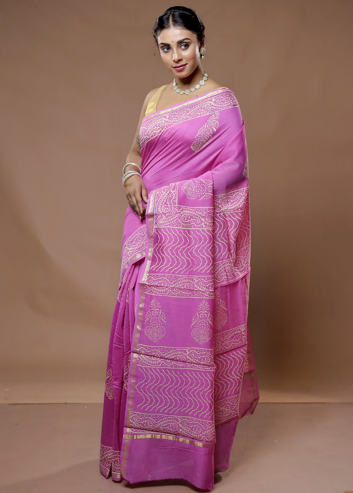 Pink Chanderi Cotton Saree With Blouse Piece - Indian Silk House Agencies