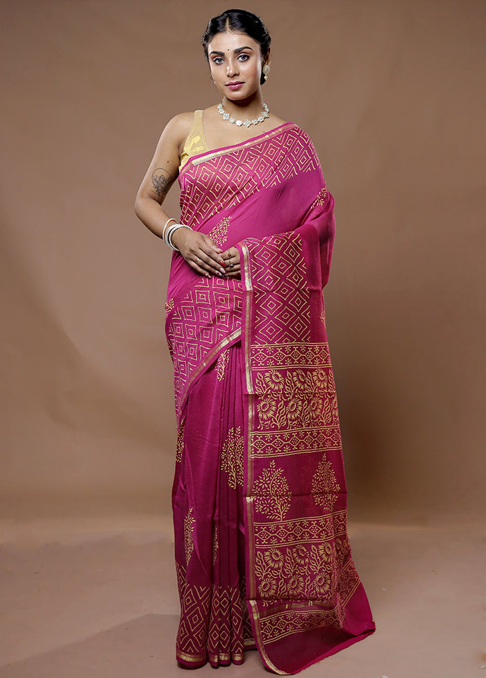 Pink Chanderi Cotton Saree With Blouse Piece - Indian Silk House Agencies