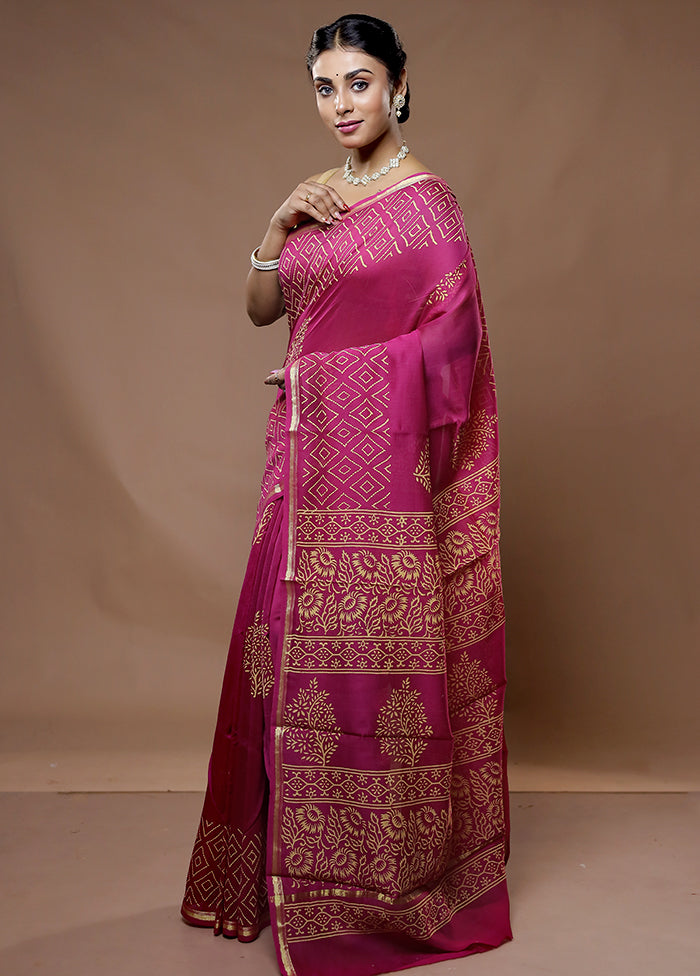 Pink Chanderi Cotton Saree With Blouse Piece - Indian Silk House Agencies