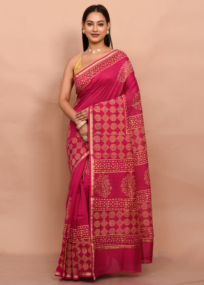 Pink Chanderi Cotton Saree With Blouse Piece - Indian Silk House Agencies