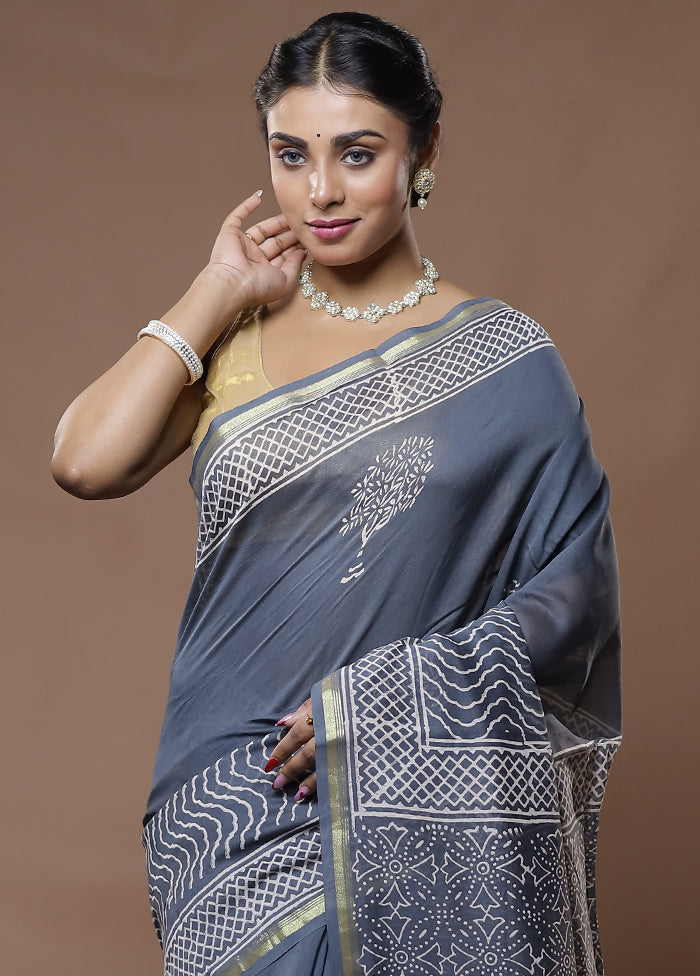 Grey Chanderi Cotton Saree With Blouse Piece - Indian Silk House Agencies