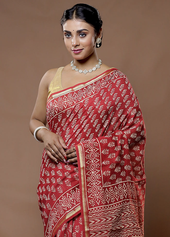 Red Chanderi Cotton Saree With Blouse Piece