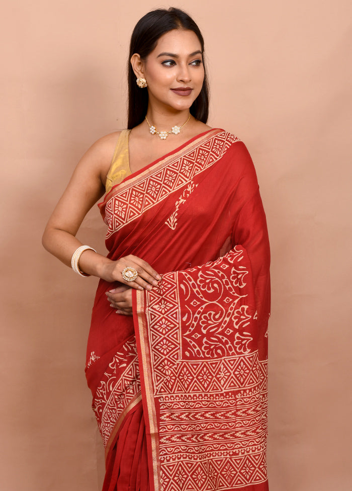 Red Chanderi Cotton Saree With Blouse Piece - Indian Silk House Agencies
