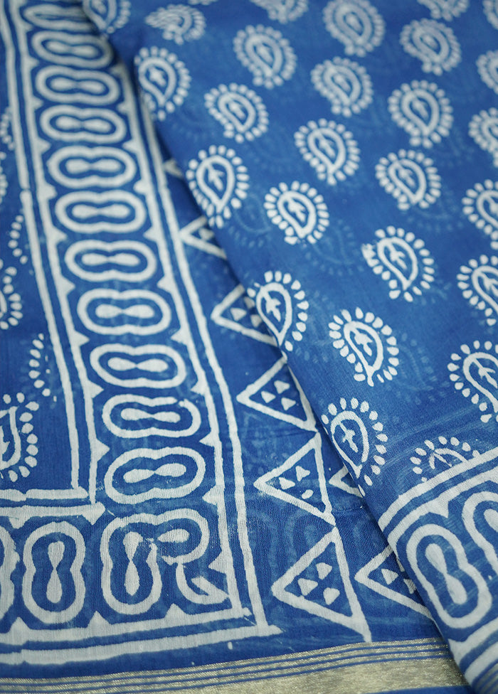 Blue Chanderi Cotton Saree With Blouse Piece