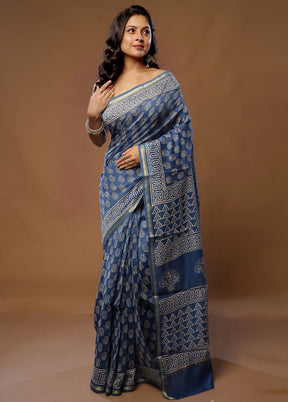 Blue Chanderi Cotton Saree With Blouse Piece