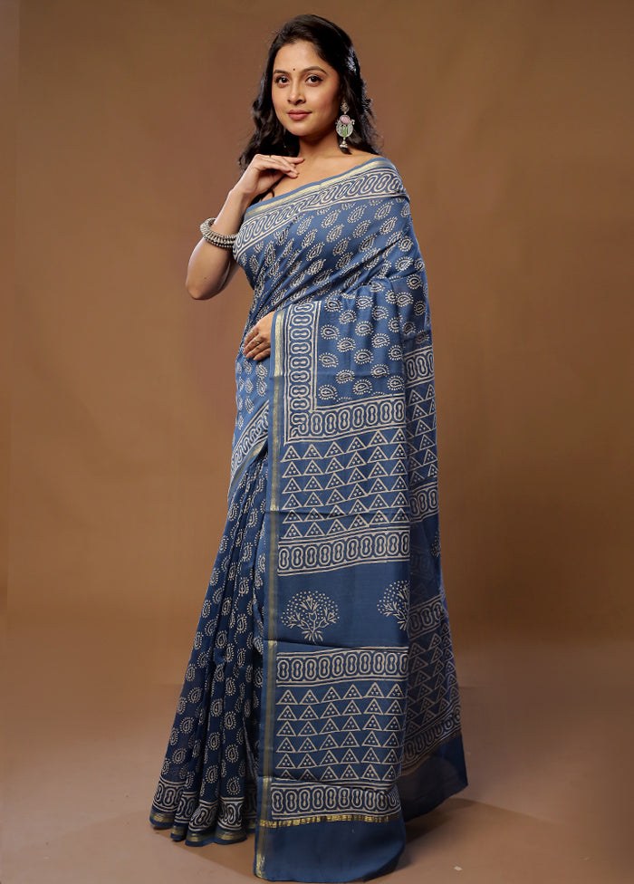 Blue Chanderi Cotton Saree With Blouse Piece