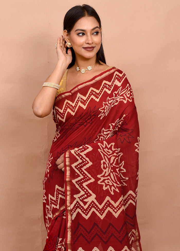 Red Chanderi Cotton Saree With Blouse Piece