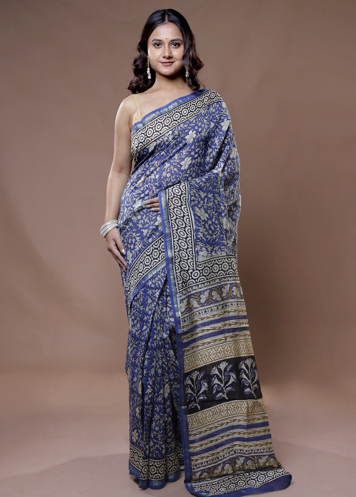 Blue Chanderi Cotton Saree With Blouse Piece