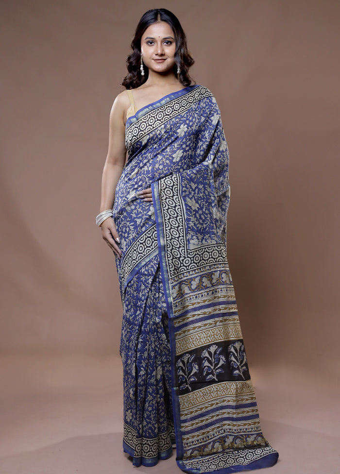 Blue Chanderi Cotton Saree With Blouse Piece - Indian Silk House Agencies