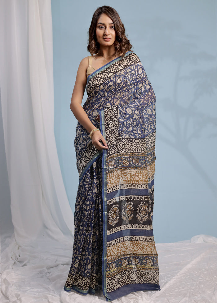 Blue Chanderi Cotton Saree With Blouse Piece