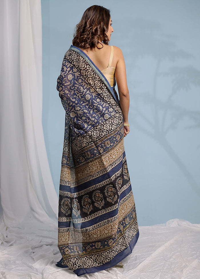 Blue Chanderi Cotton Saree With Blouse Piece