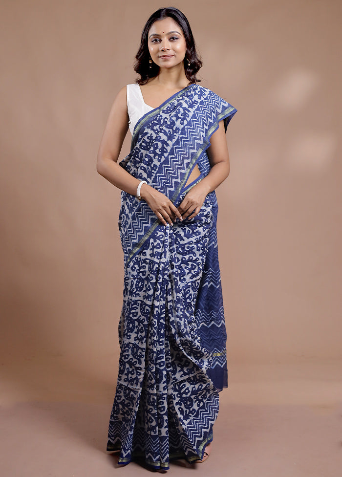 Blue Chanderi Cotton Saree With Blouse Piece