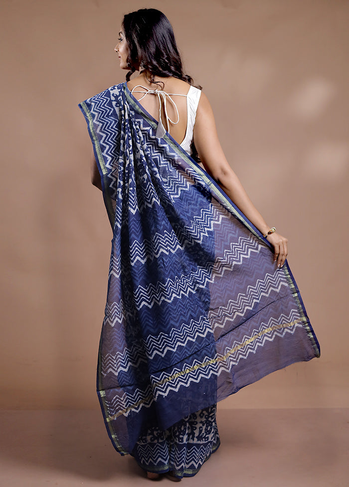 Blue Chanderi Cotton Saree With Blouse Piece