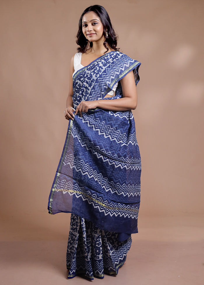 Blue Chanderi Cotton Saree With Blouse Piece