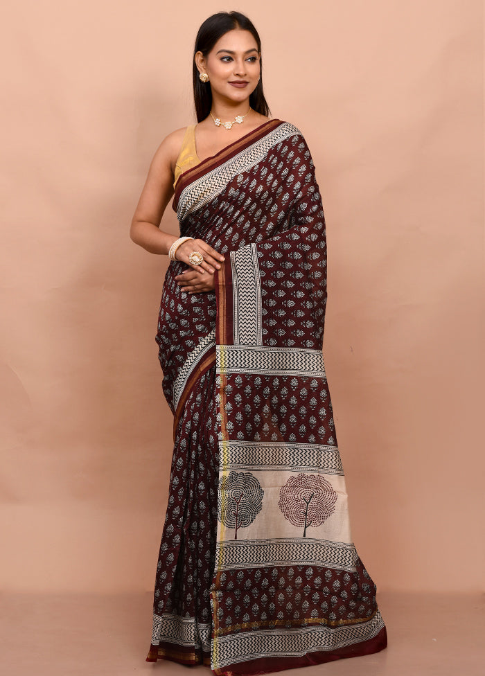 Brown Chanderi Cotton Saree With Blouse Piece - Indian Silk House Agencies
