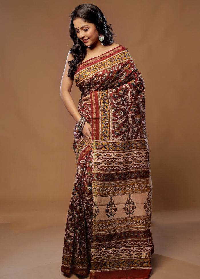 Maroon Chanderi Cotton Saree With Blouse Piece - Indian Silk House Agencies