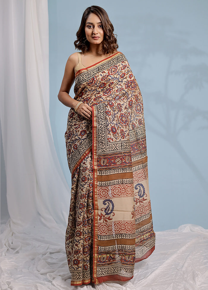 Cream Chanderi Cotton Saree With Blouse Piece