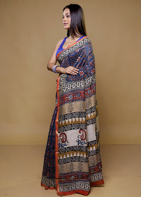 Blue Chanderi Silk Saree With Blouse Piece