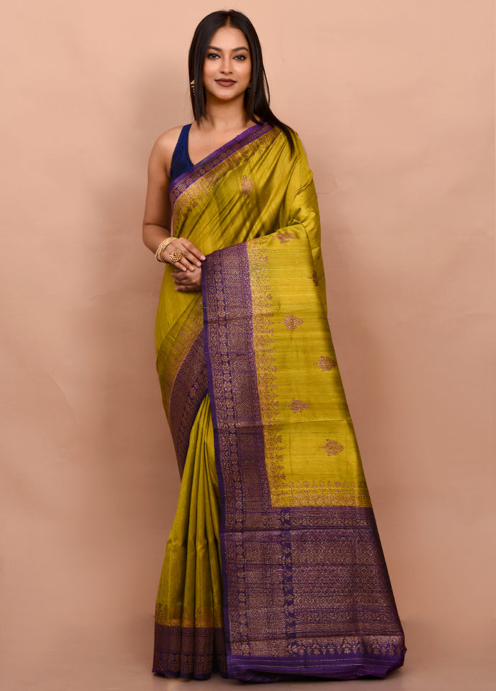 Green Tussar Silk Saree With Blouse Piece