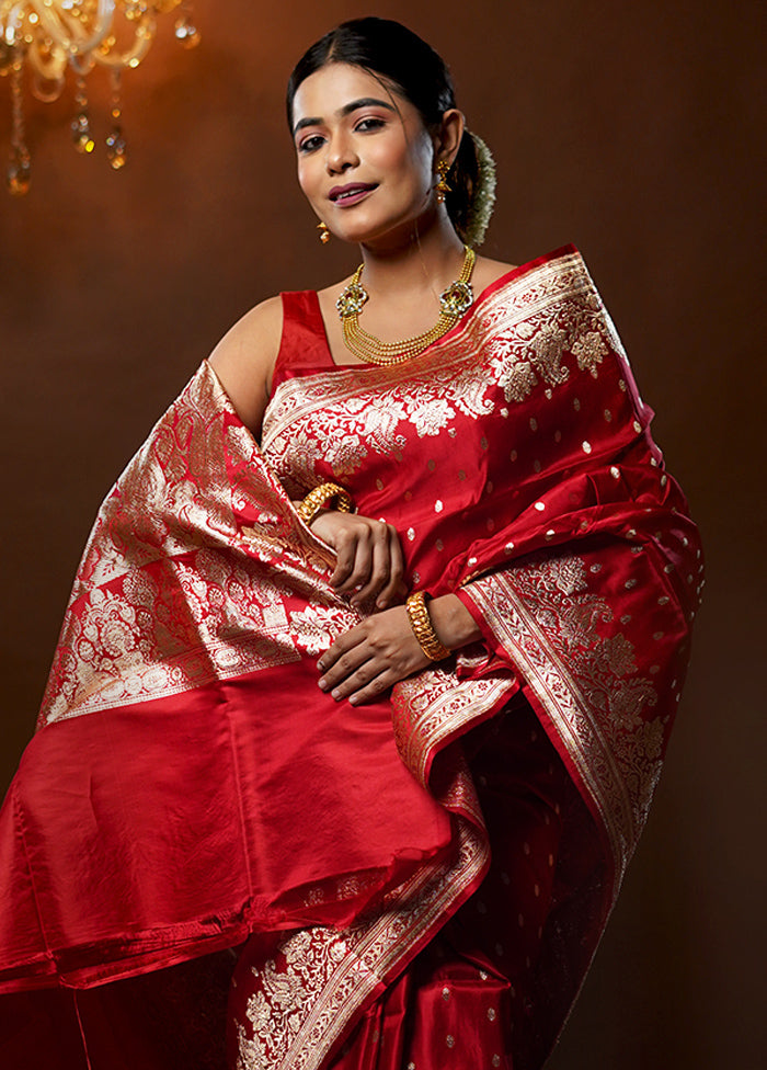 Red Handloom Banarasi Pure Silk Saree With Blouse Piece