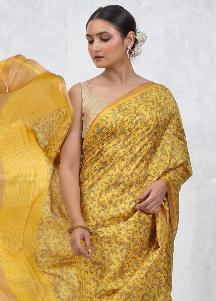 Yellow Printed Pure Silk Saree Without Blouse Piece - Indian Silk House Agencies