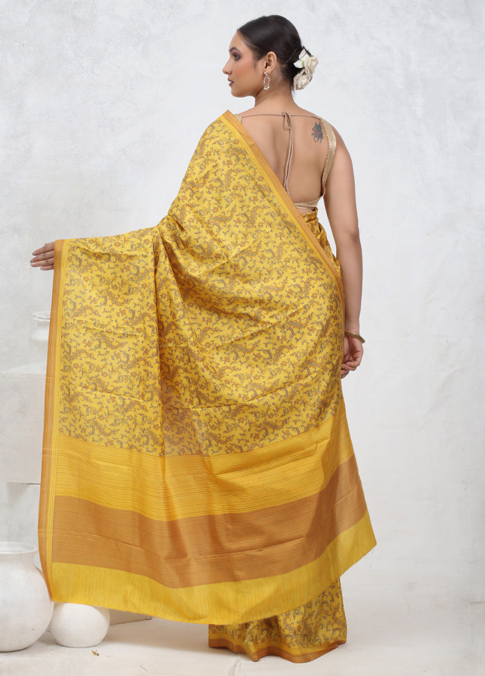 Yellow Printed Pure Silk Saree Without Blouse Piece - Indian Silk House Agencies