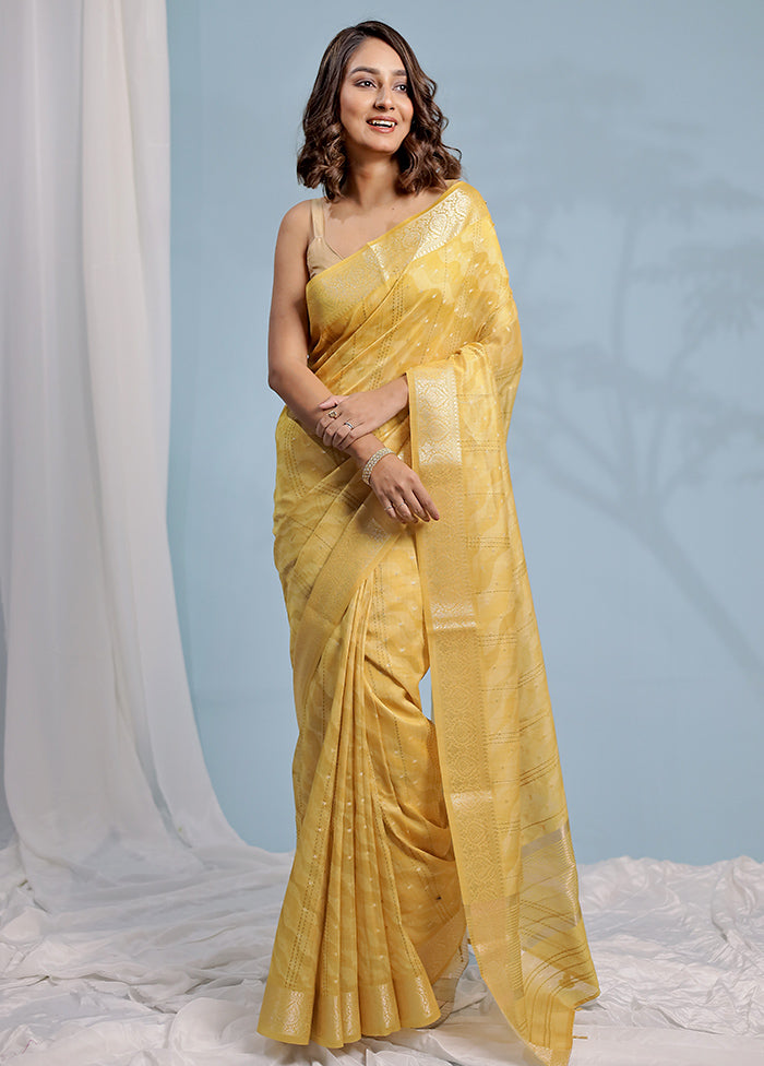 Yellow Chanderi Pure Cotton Saree With Blouse Piece - Indian Silk House Agencies