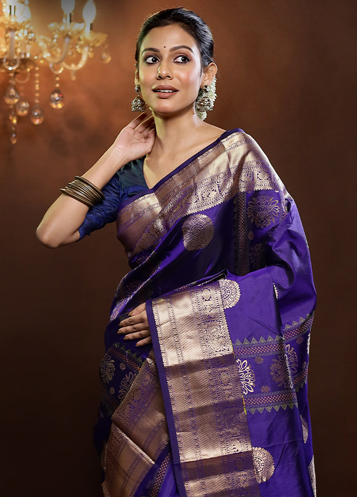 Purple Handloom Kanjivaram Pure Silk Saree With Blouse Piece - Indian Silk House Agencies