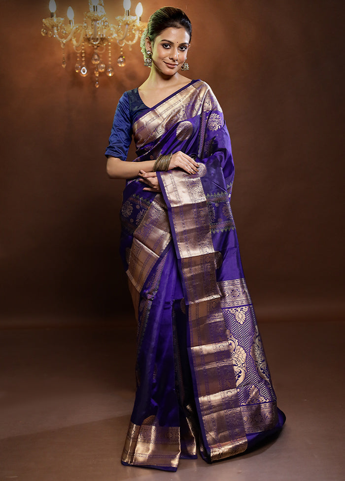 Purple Handloom Kanjivaram Pure Silk Saree With Blouse Piece - Indian Silk House Agencies