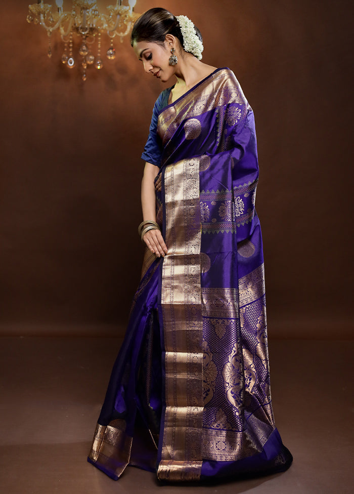 Purple Handloom Kanjivaram Pure Silk Saree With Blouse Piece - Indian Silk House Agencies