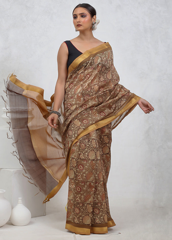 Brown Printed Pure Silk Saree Without Blouse Piece - Indian Silk House Agencies