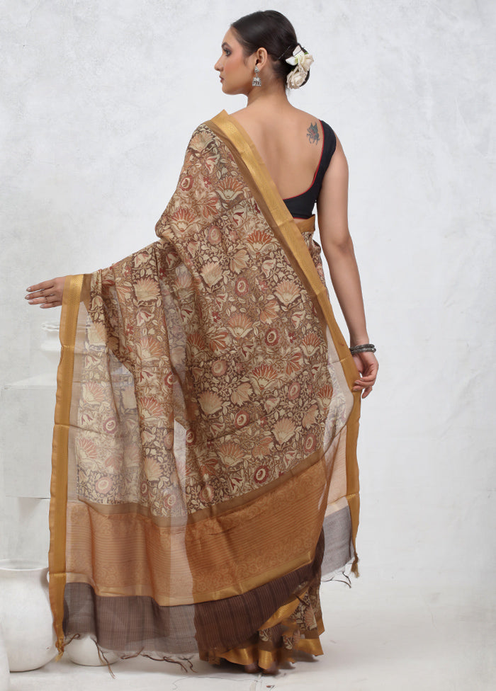 Brown Printed Pure Silk Saree Without Blouse Piece - Indian Silk House Agencies