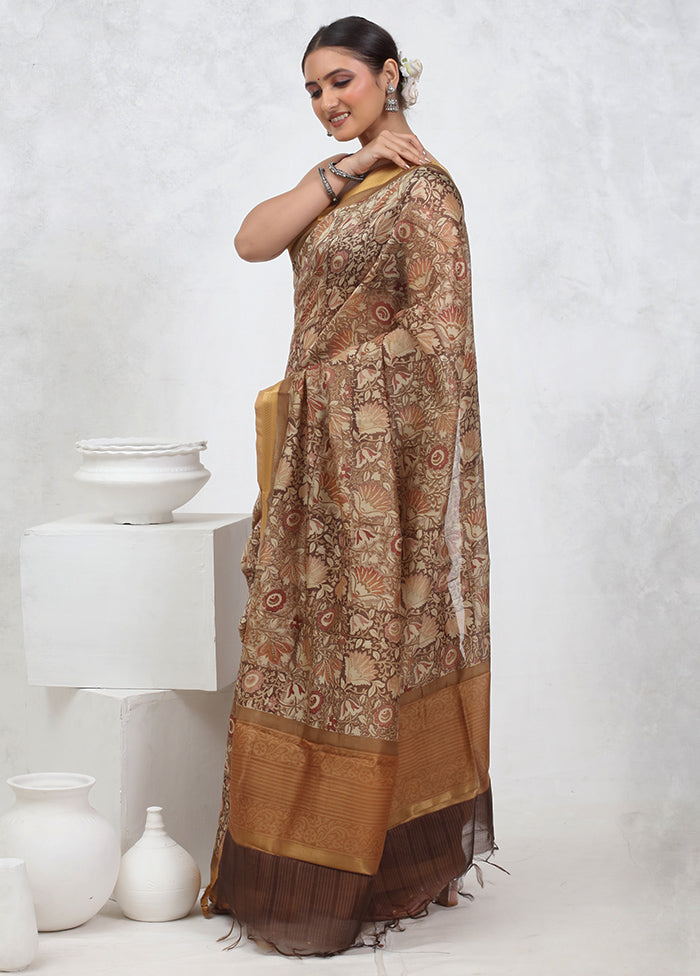 Brown Printed Pure Silk Saree Without Blouse Piece - Indian Silk House Agencies