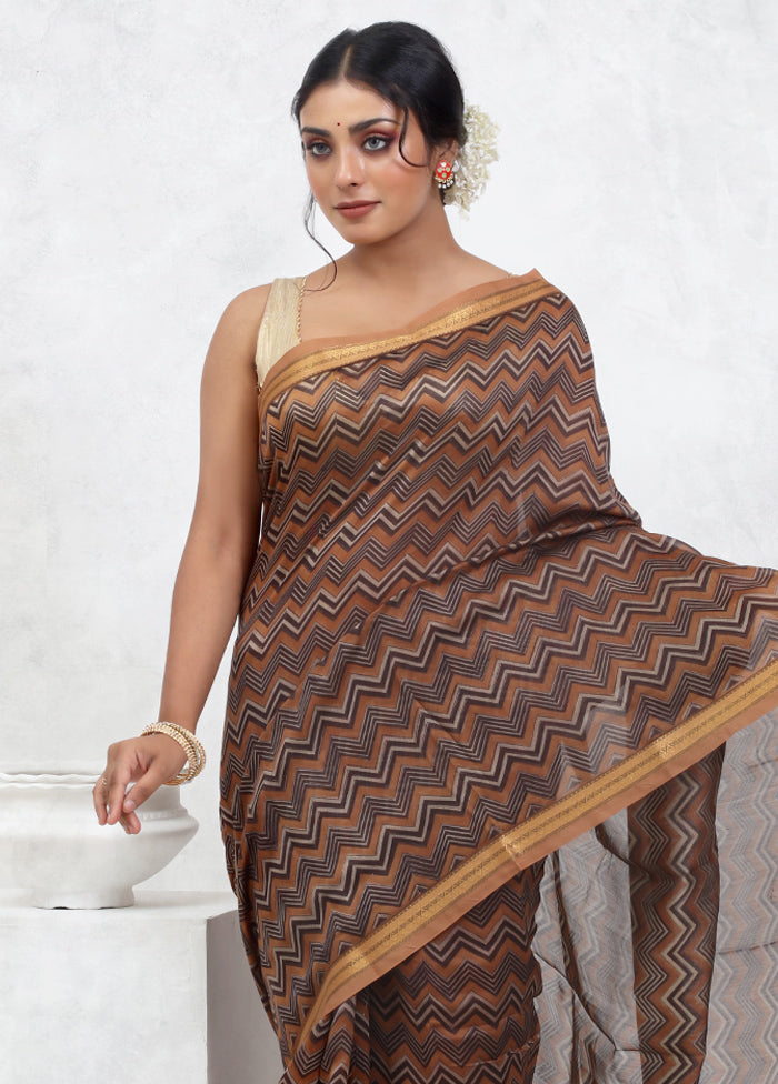 Brown Printed Pure Silk Saree Without Blouse Piece - Indian Silk House Agencies