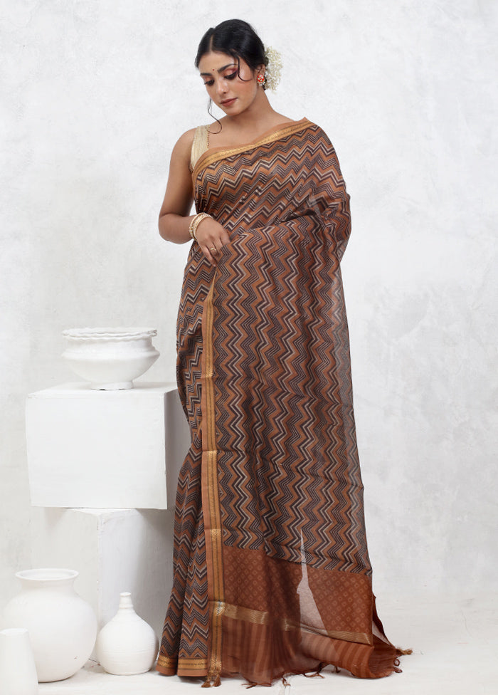 Brown Printed Pure Silk Saree Without Blouse Piece