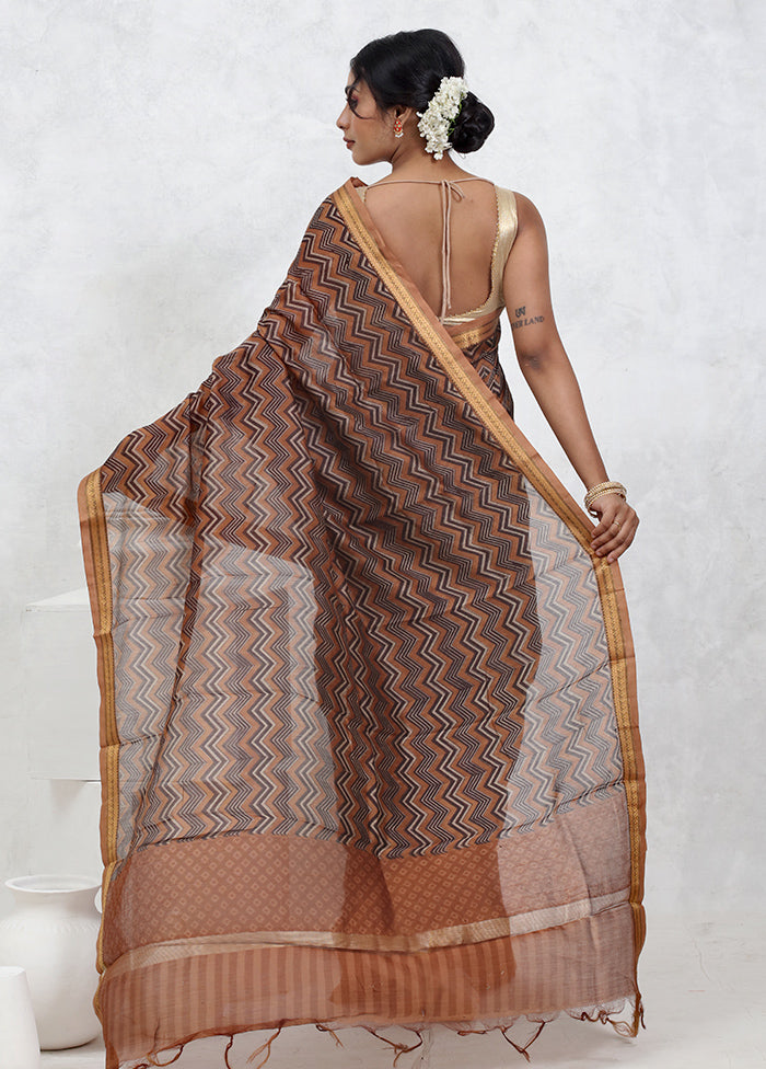 Brown Printed Pure Silk Saree Without Blouse Piece - Indian Silk House Agencies