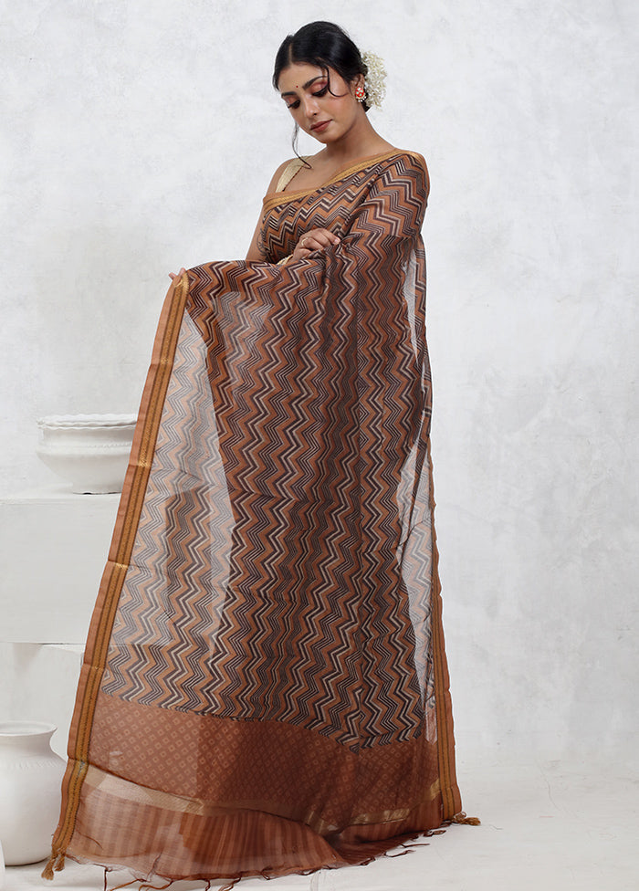 Brown Printed Pure Silk Saree Without Blouse Piece - Indian Silk House Agencies