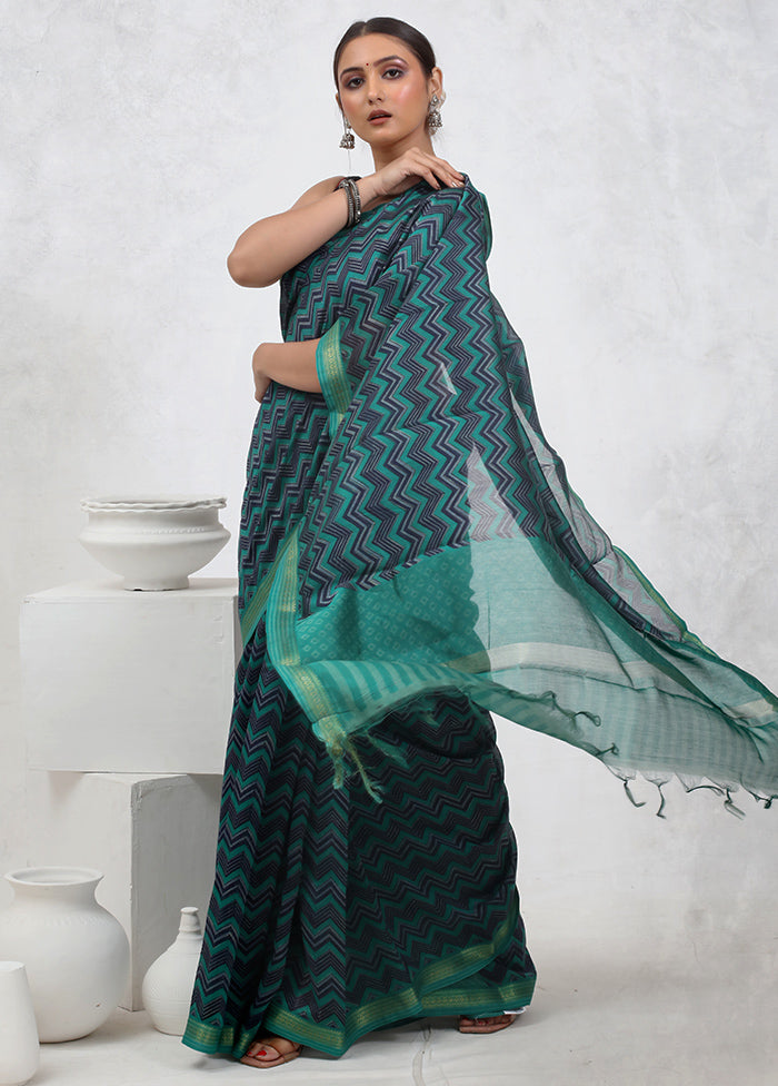 Green Printed Pure Silk Saree Without Blouse Piece - Indian Silk House Agencies