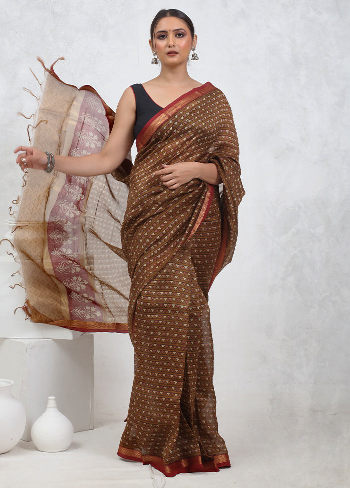 Brown Printed Pure Silk Saree Without Blouse Piece - Indian Silk House Agencies