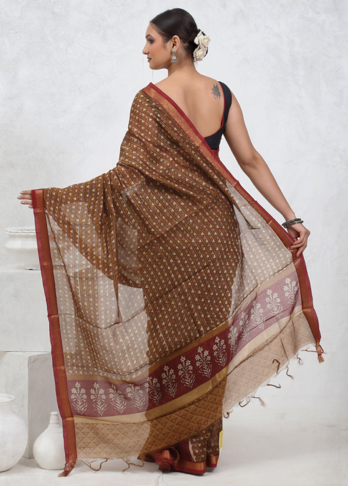 Brown Printed Pure Silk Saree Without Blouse Piece - Indian Silk House Agencies