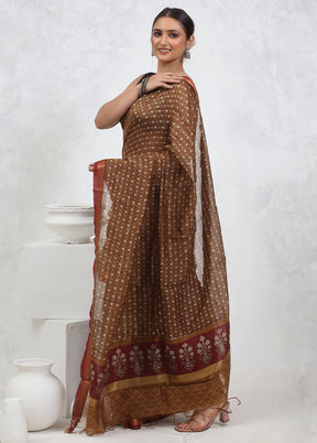 Brown Printed Pure Silk Saree Without Blouse Piece - Indian Silk House Agencies