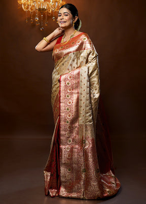 Cream Banarasi Silk Saree With Blouse Piece