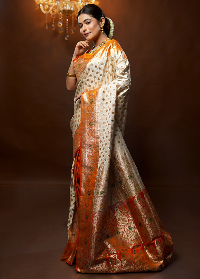 Cream Banarasi Silk Saree With Blouse Piece